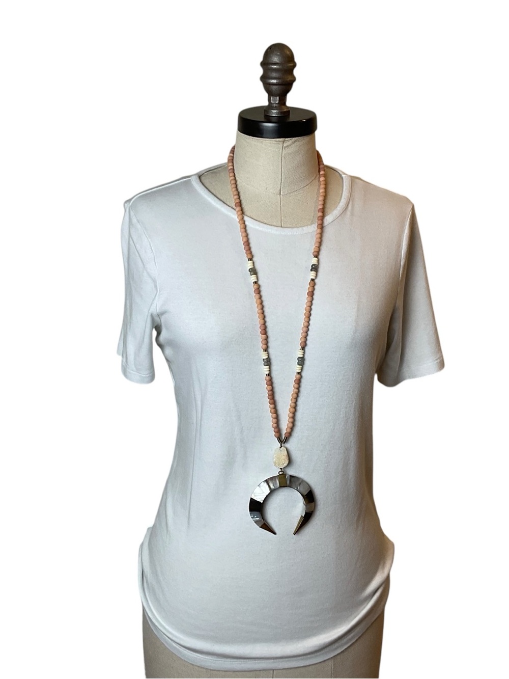 Long Pink Beaded Crescent Pendant Necklace - Women Jewelry